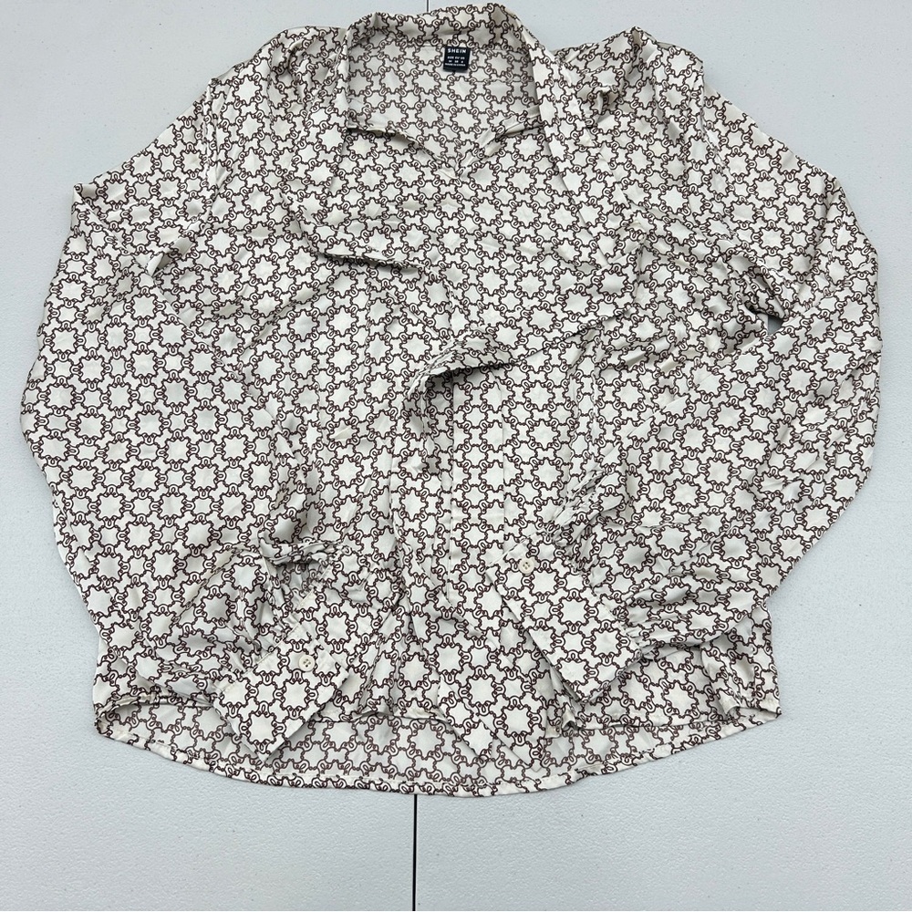 SHEIN Cream and Brown Geometric Blouse